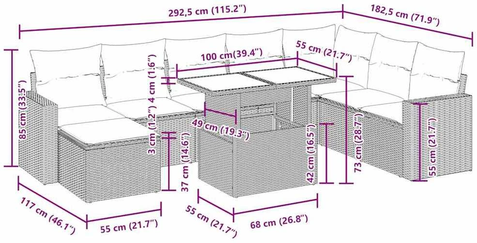 Lauko baldų komplektas Sodo komplektas su pagalvėlėmis, 9 dalių, juodas, poliratanas