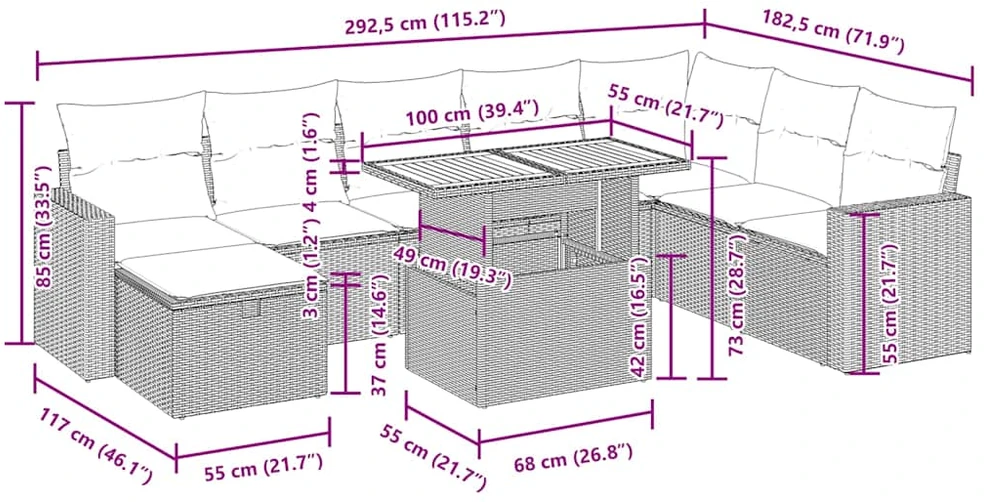 Lauko baldų komplektas Sodo komplektas su pagalvėlėmis, 9 dalių, poliratanas/akacija