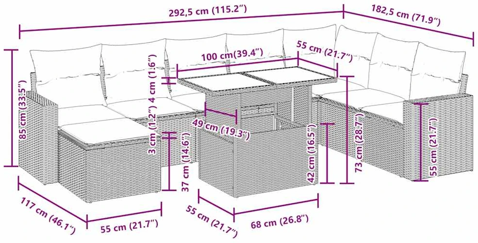 Lauko baldų komplektas Sodo komplektas su pagalvėlėmis, 9 dalių, juodas, poliratanas