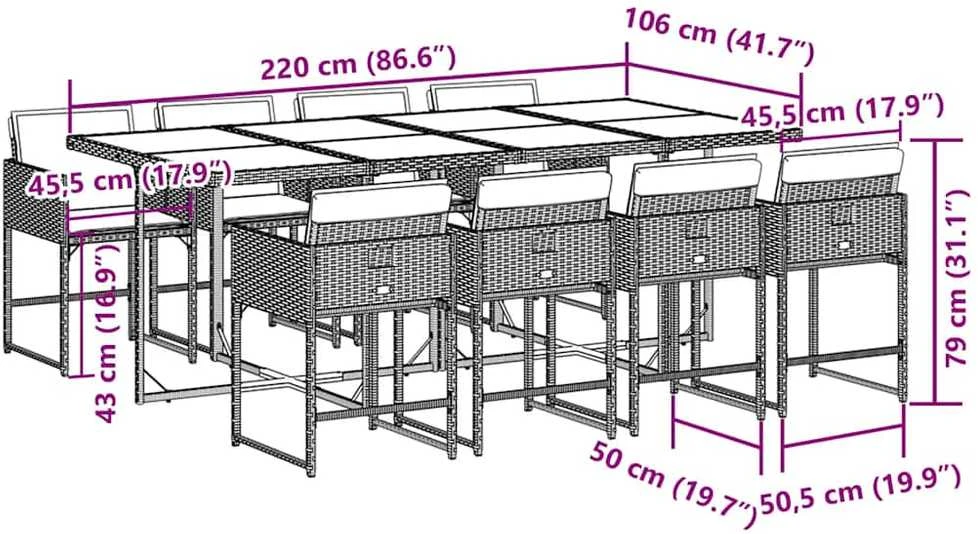 Lauko baldų komplektas Sodo komplektas su pagalvėlėmis, 9 dalių, pilkas, poliratanas