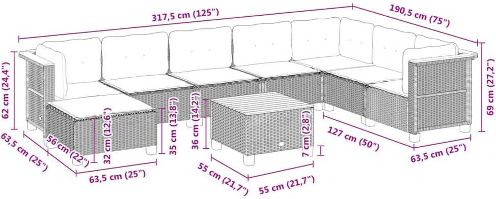 Lauko baldų komplektas Sodo komplektas su pagalvėlėmis, 9 dalių, juodas, poliratanas