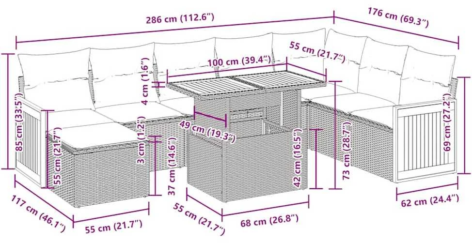 Lauko baldų komplektas Sodo komplektas su pagalvėlėmis, 7 dalių, poliratanas/akacija