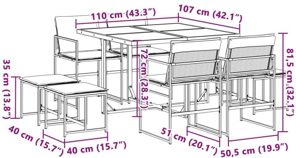 Lauko baldų komplektas Sodo komplektas su pagalvėlėmis, 9 dalių, baltas, tekstilenas