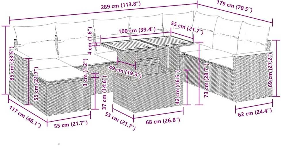 Lauko baldų komplektas Sodo komplektas su pagalvėlėmis, 9 dalių, poliratanas/akacija