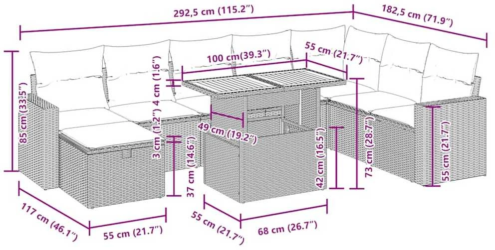 Lauko baldų komplektas Sodo komplektas su pagalvėlėmis, 9 dalių, poliratanas/akacija