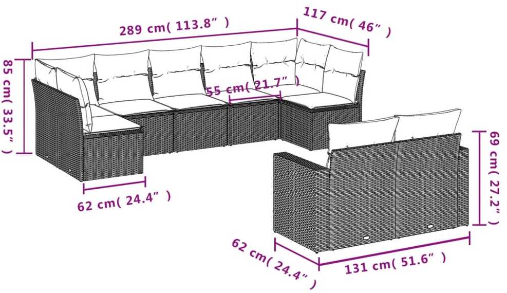 Sofa Sodo komplektas su pagalvėlėmis, 9 dalių, smėlio, poliratanas