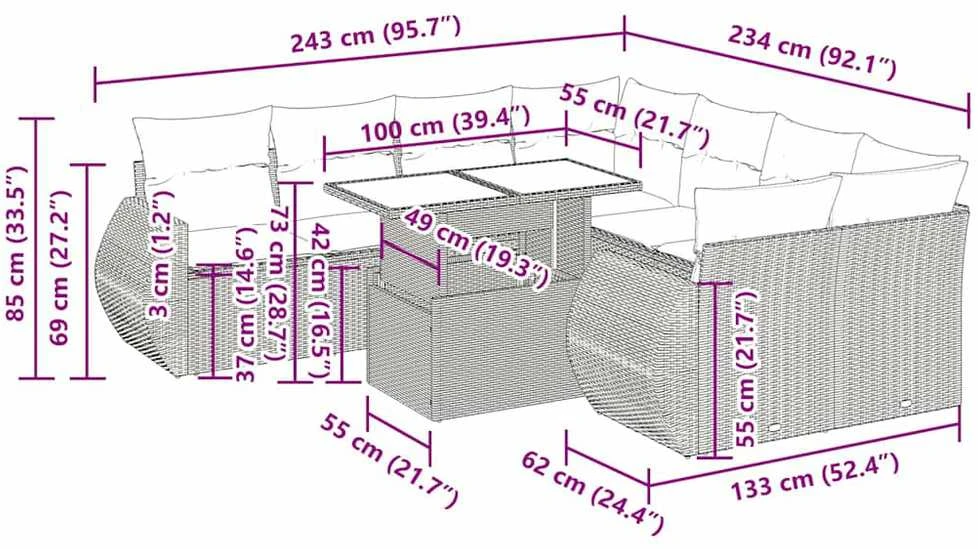Lauko baldų komplektas Sodo komplektas su pagalvėlėmis, 9 dalių, rudas, poliratanas