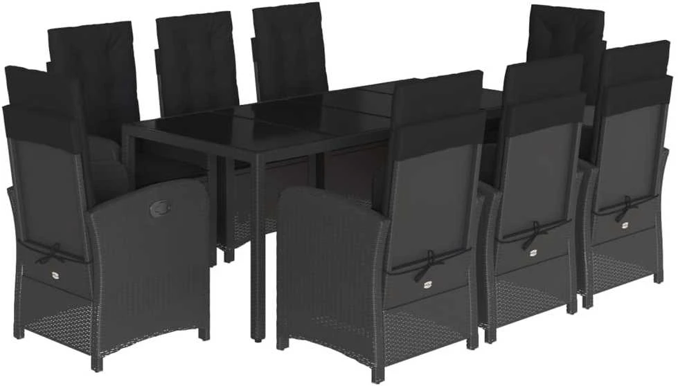 Lauko baldų komplektas Sodo komplektas su pagalvėlėmis, 9 dalių, juodas, poliratanas