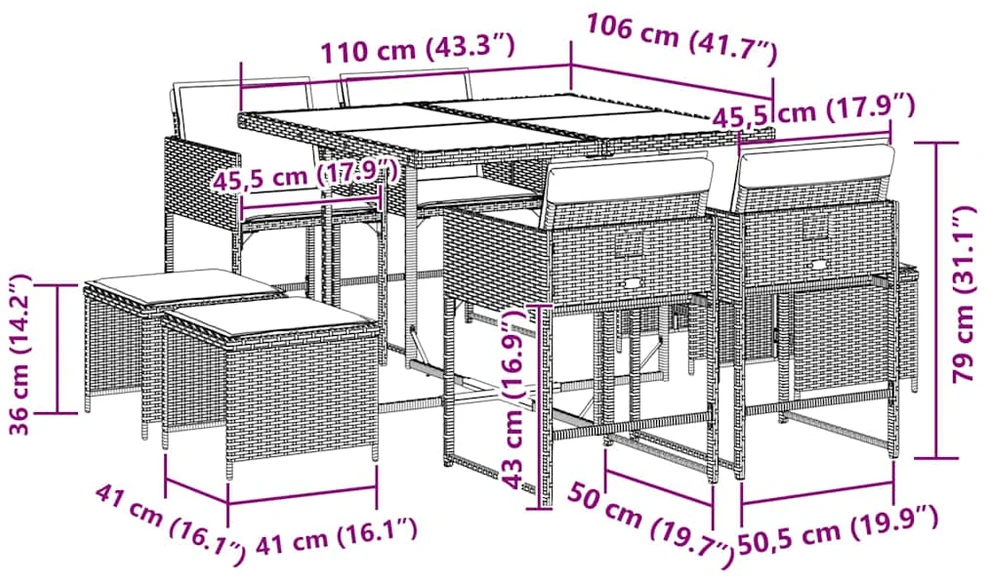 Sofa Sodo komplektas su pagalvėlėmis, 9 dalių, pilkas, poliratanas