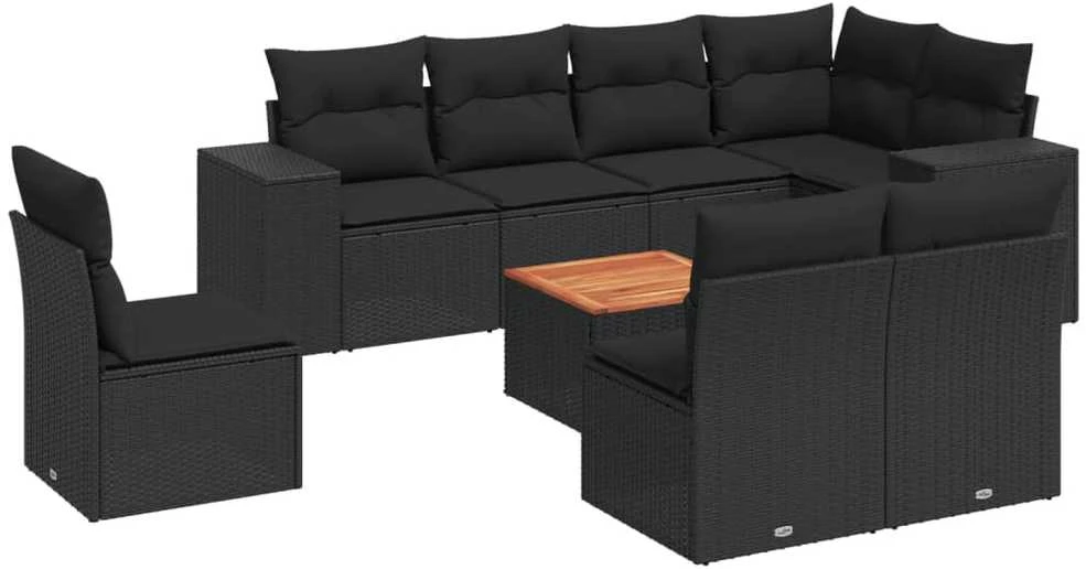 Sofa Sodo komplektas su pagalvėlėmis, 9 dalių, juodas, poliratanas