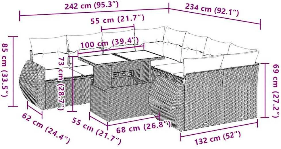 Lauko baldų komplektas Sodo komplektas su pagalvėlėmis, 9 dalių, juodas, poliratanas