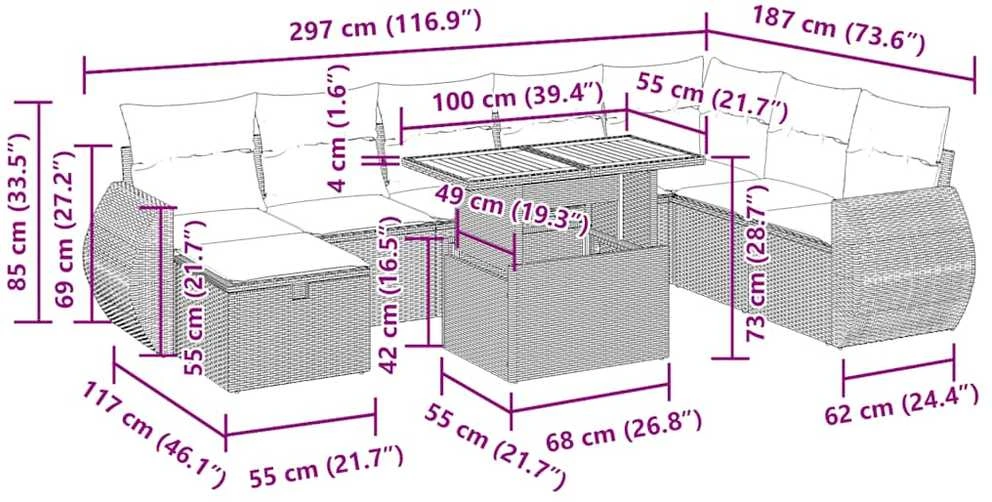 Lauko baldų komplektas Sodo komplektas su pagalvėlėmis, 9 dalių, poliratanas/akacija