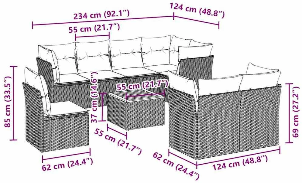 Lauko baldų komplektas Sodo komplektas su pagalvėlėmis, 9 dalių, juodas, poliratanas
