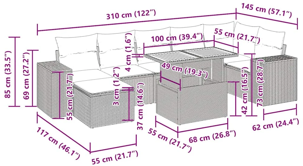 Sofa Sodo komplektas su pagalvėlėmis, 9 dalių, poliratanas/akacija
