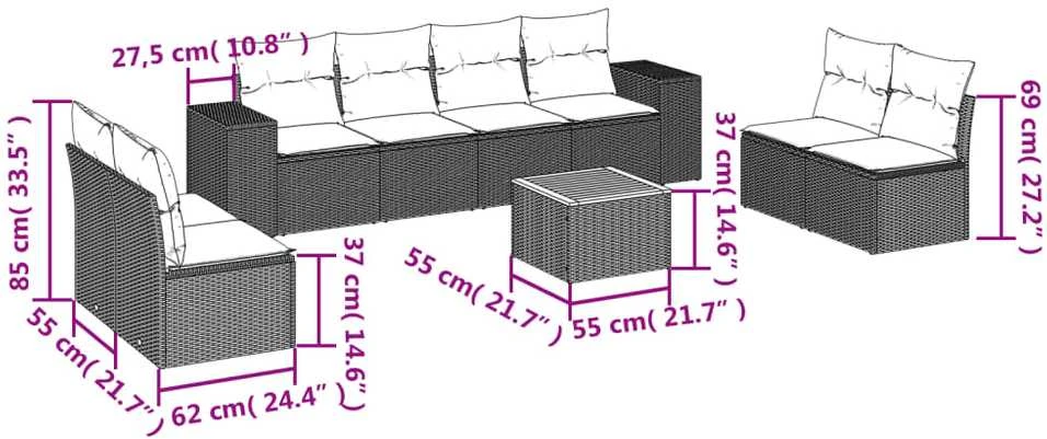Sofa Sodo komplektas su pagalvėlėmis, 9 dalių, smėlio, poliratanas