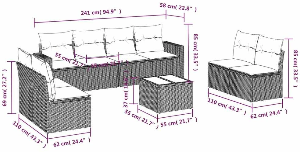 Lauko baldų komplektas Sodo komplektas su pagalvėlėmis, 9 dalių, rudas, poliratanas