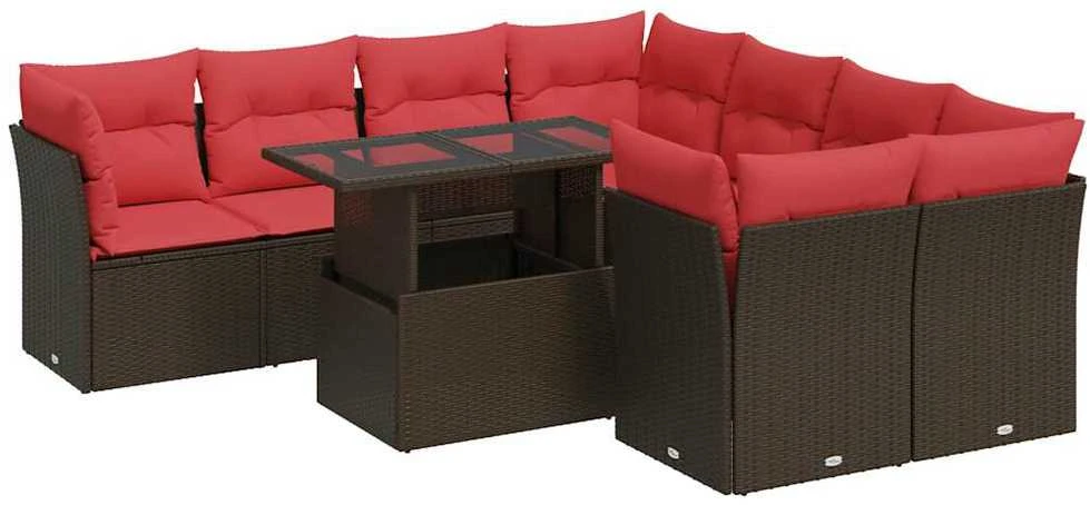 Sofa Sodo komplektas su pagalvėlėmis, 9 dalių, poliratanas/akacija