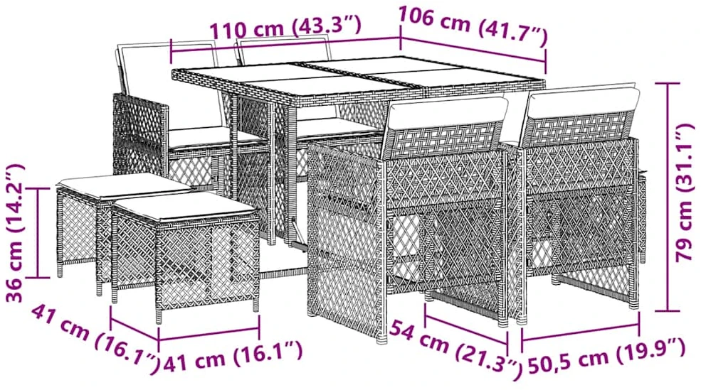 Lauko baldų komplektas Sodo komplektas su pagalvėlėmis, 9 dalių, juodas, poliratanas