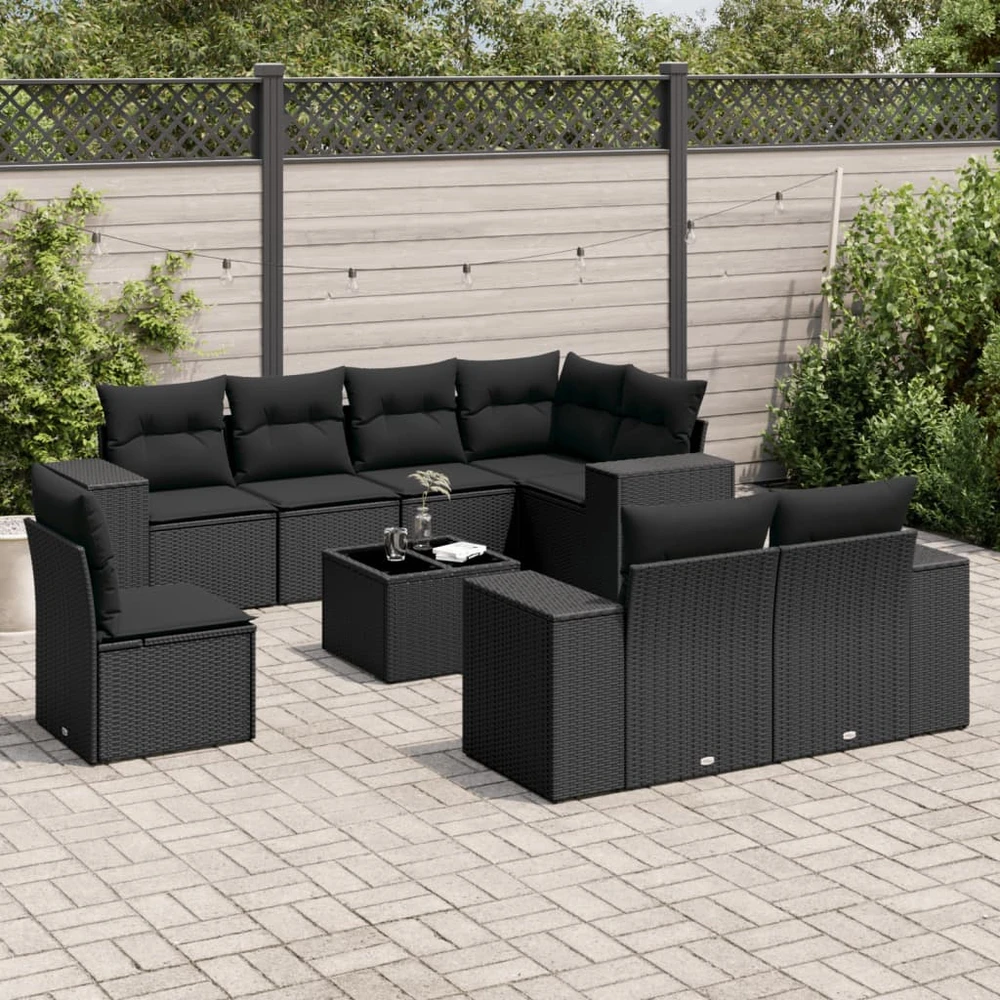 Sofa Sodo komplektas su pagalvėlėmis, 9 dalių, juodas, poliratanas