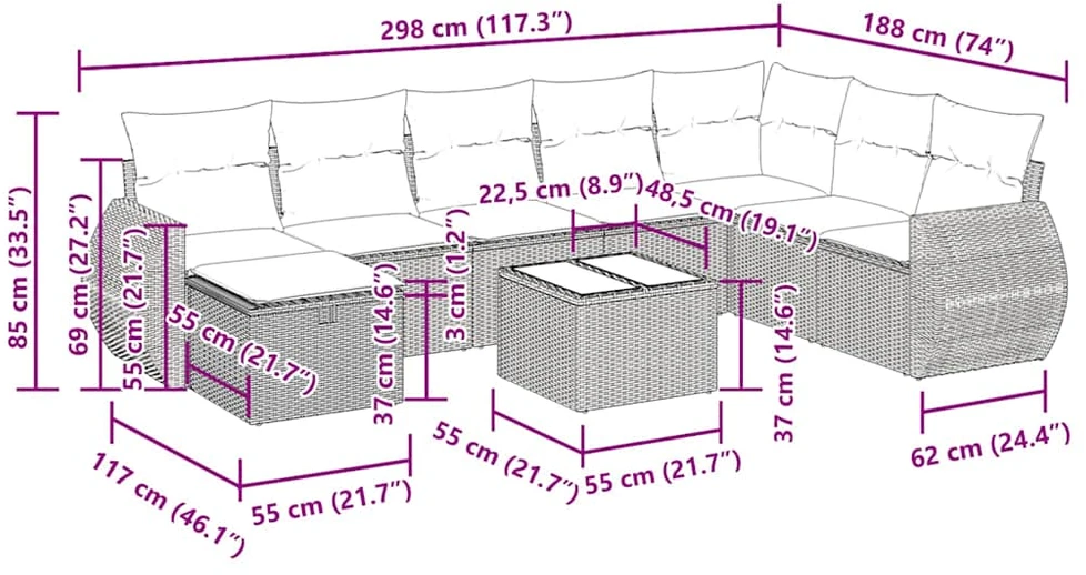 Lauko baldų komplektas Sodo komplektas su pagalvėlėmis, 9 dalių, juodas, poliratanas