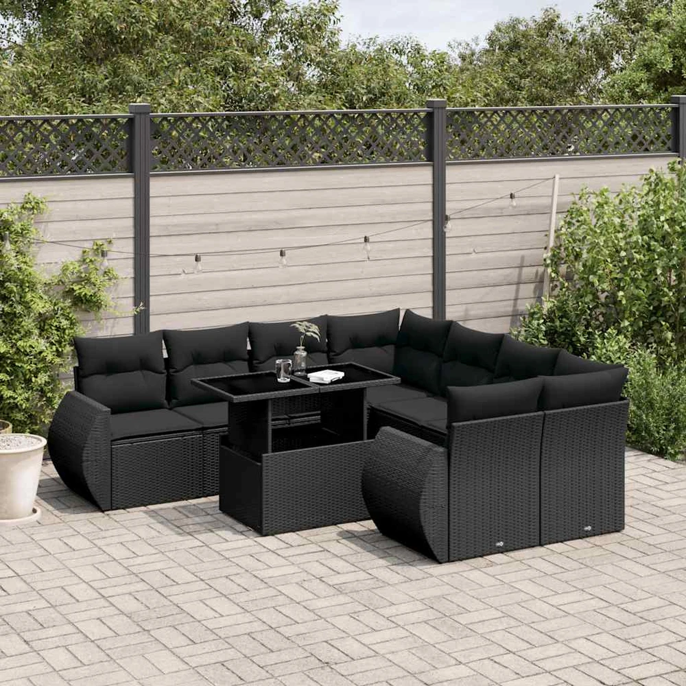 Lauko baldų komplektas Sodo komplektas su pagalvėlėmis, 9 dalių, juodas, poliratanas