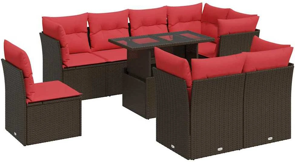 Sofa Sodo komplektas su pagalvėlėmis, 9 dalių, poliratanas/akacija
