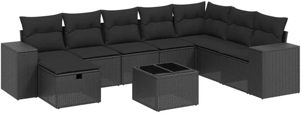Sofa Sodo komplektas su pagalvėlėmis, 9 dalių, juodas, poliratanas