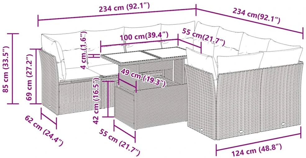 Sofa Sodo komplektas su pagalvėlėmis, 9 dalių, smėlio, poliratanas