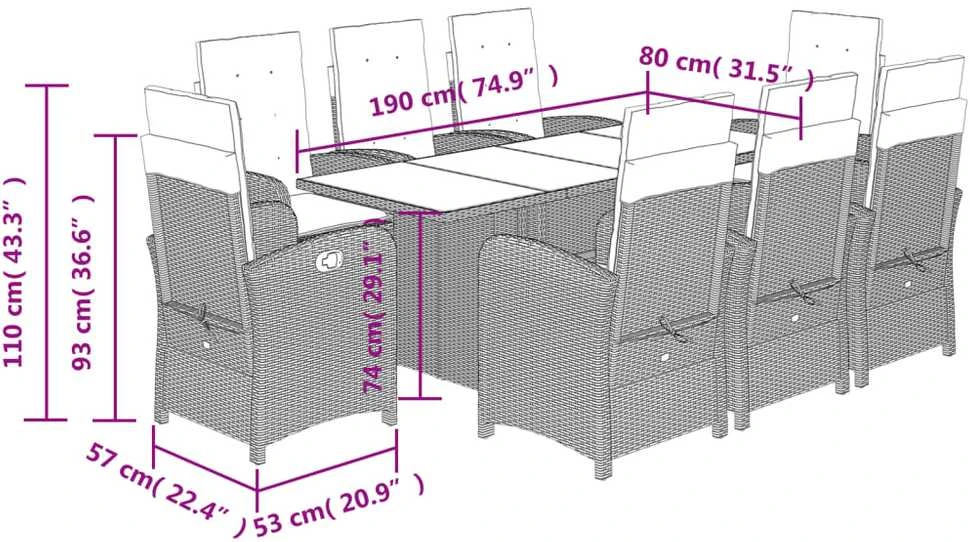 Lauko baldų komplektas Sodo komplektas su pagalvėlėmis, 9 dalių, rudas, poliratanas