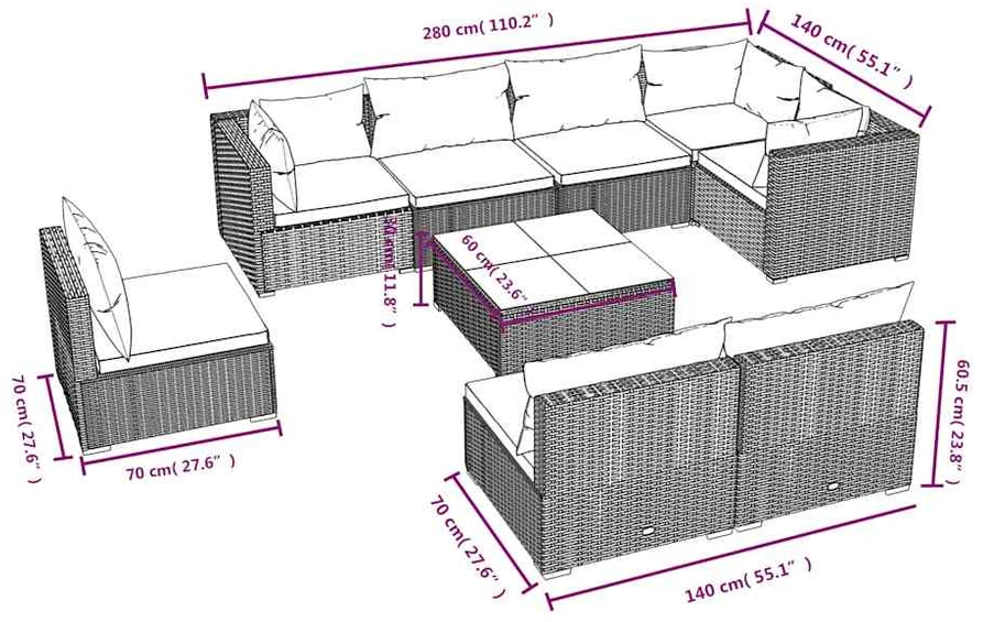 Sodo komplektas su pagalvėlėmis, 9 dalių, juodas, poliratanas