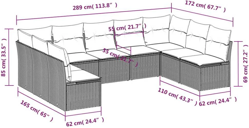 Lauko baldų komplektas Sodo komplektas su pagalvėlėmis, 9 dalių, rudas, poliratanas