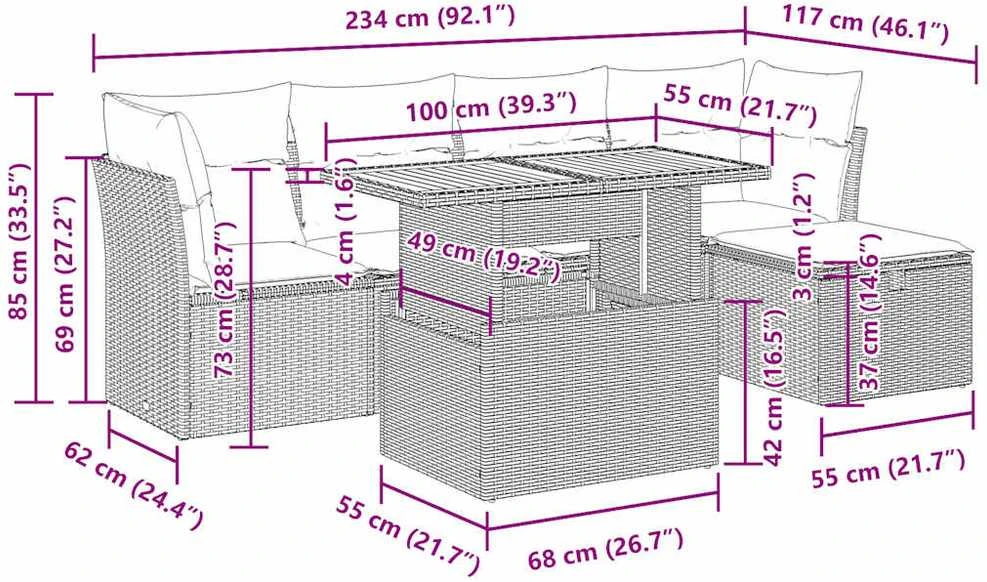 Lauko baldų komplektas Sodo komplektas su pagalvėlėmis, 6 dalių, poliratanas/akacija
