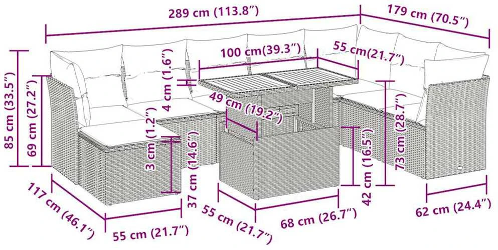 Lauko baldų komplektas Sodo komplektas su pagalvėlėmis, 9 dalių, juodas, poliratanas