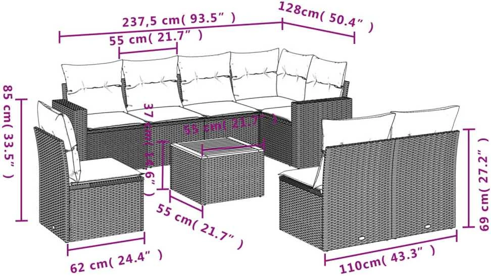 Sofa Sodo komplektas su pagalvėlėmis, 9 dalių, smėlio, poliratanas