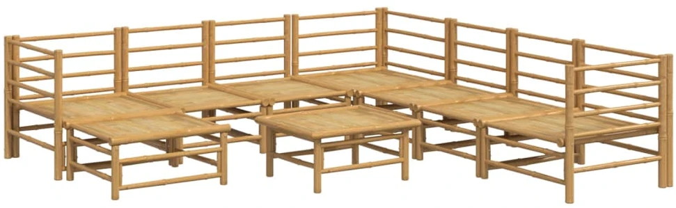 Lauko baldų komplektas Sodo komplektas su pilkomis pagalvėlėmis, 9 dalių, bambukas