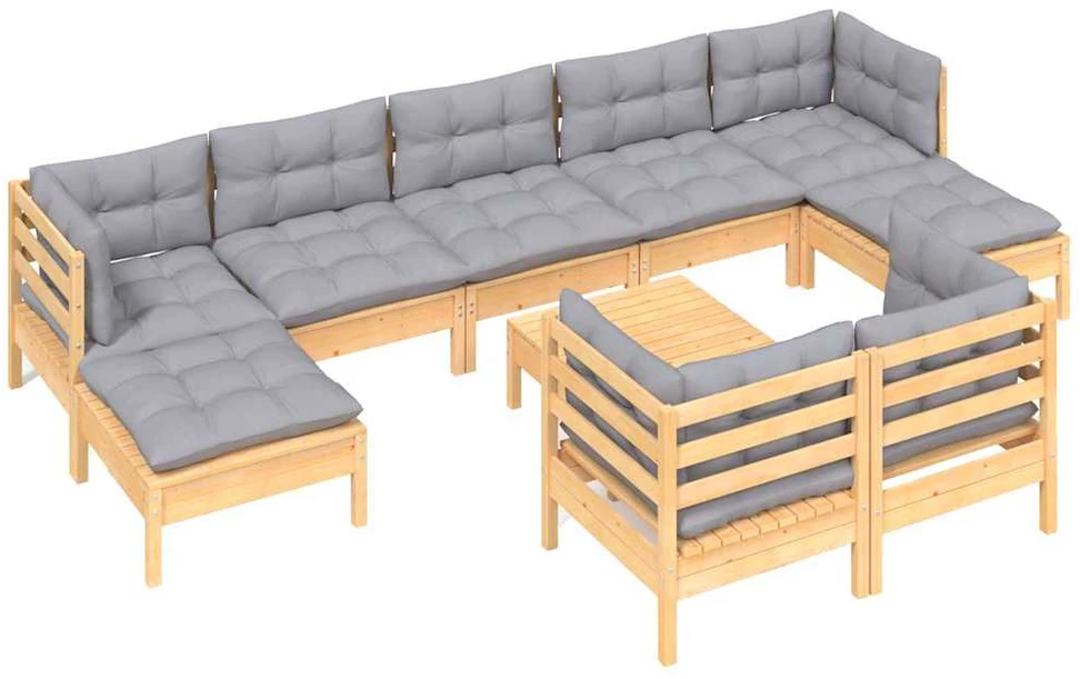 Lauko baldų komplektas Sodo komplektas su pilkomis pagalvėmis, 10 dalių, pušis