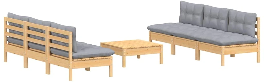Lauko baldų komplektas Sodo komplektas su pilkomis pagalvėmis, 7 dalių, pušis