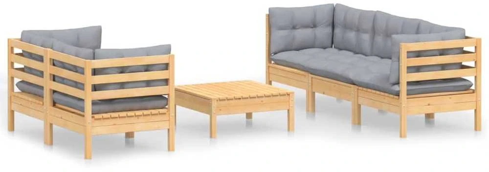Lauko baldų komplektas Sodo komplektas su pilkomis pagalvėmis, 6 dalių, pušis