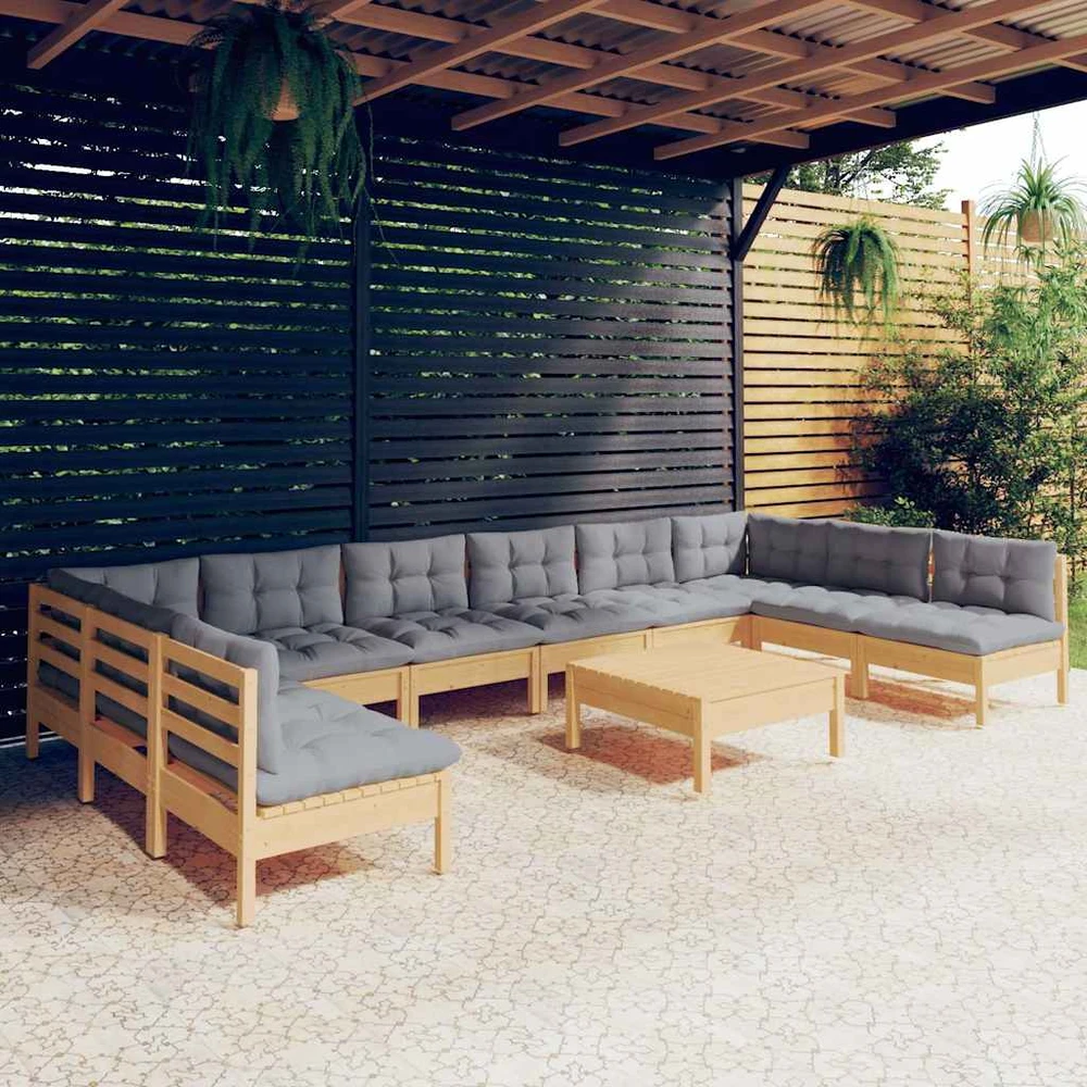 Sodo komplektas su pilkomis pagalvėmis, 11 dalių, pušis