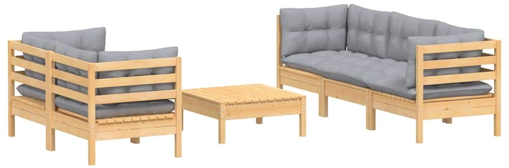 Lauko baldų komplektas Sodo komplektas su pilkomis pagalvėmis, 6 dalių, pušis