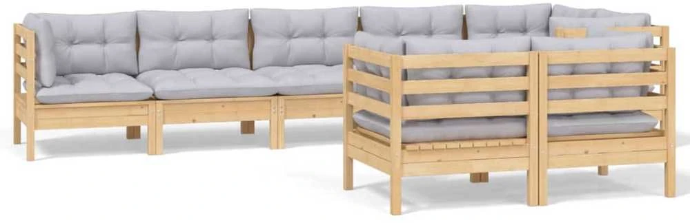 Lauko baldų komplektas Sodo komplektas su pilkomis pagalvėmis, 8 dalių, pušis