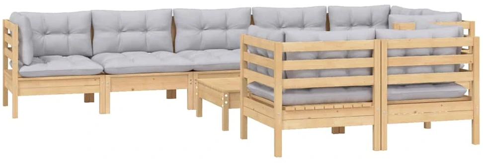 Sodo komplektas su pilkomis pagalvėmis, 9 dalių, pušis