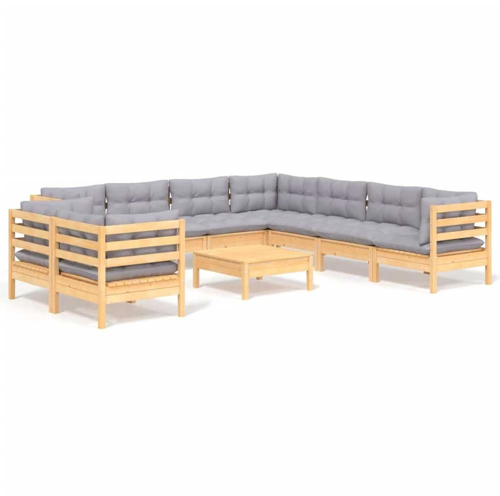 Lauko baldų komplektas Sodo komplektas su pilkomis pagalvėmis, 10 dalių, pušis