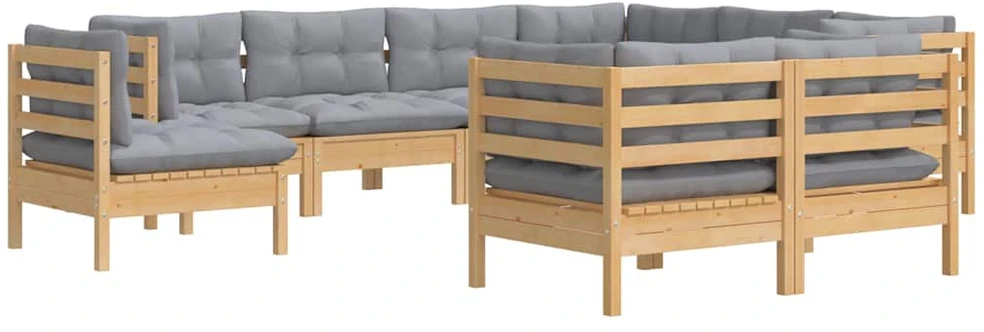 Lauko baldų komplektas Sodo komplektas su pilkomis pagalvėmis, 9 dalių, pušis