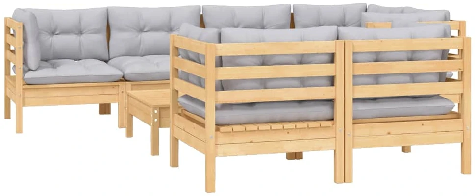 Lauko baldų komplektas Sodo komplektas su pilkomis pagalvėmis, 8 dalių, pušis