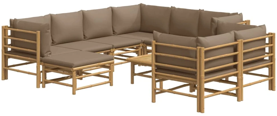 Lauko baldų komplektas Sodo komplektas su taupe pagalvėlėmis, 10 dalių, bambukas