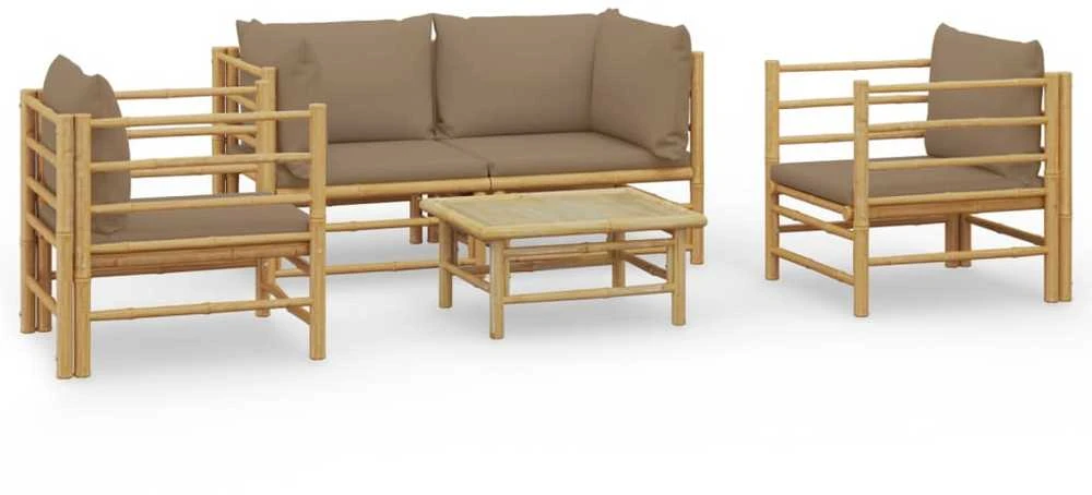 Lauko baldų komplektas Sodo komplektas su taupe pagalvėlėmis, 5 dalių, bambukas