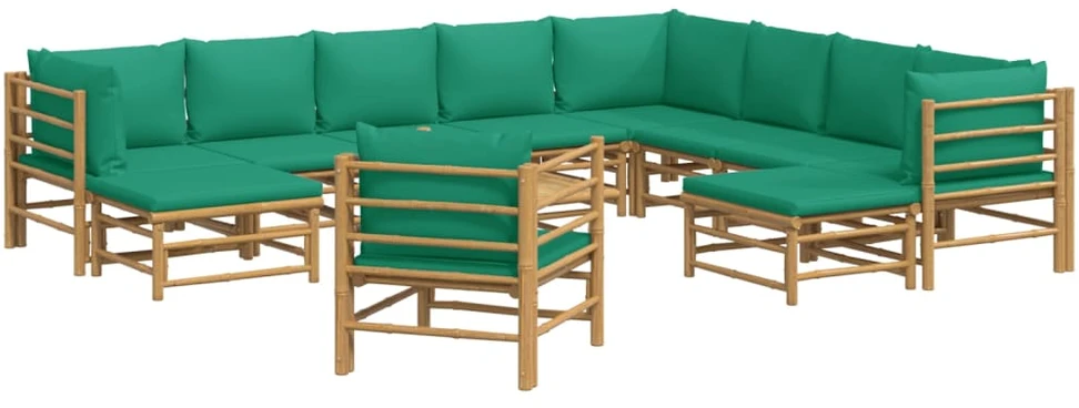 Lauko baldų komplektas Sodo komplektas su žaliomis pagalvėlėmis, 12 dalių, bambukas
