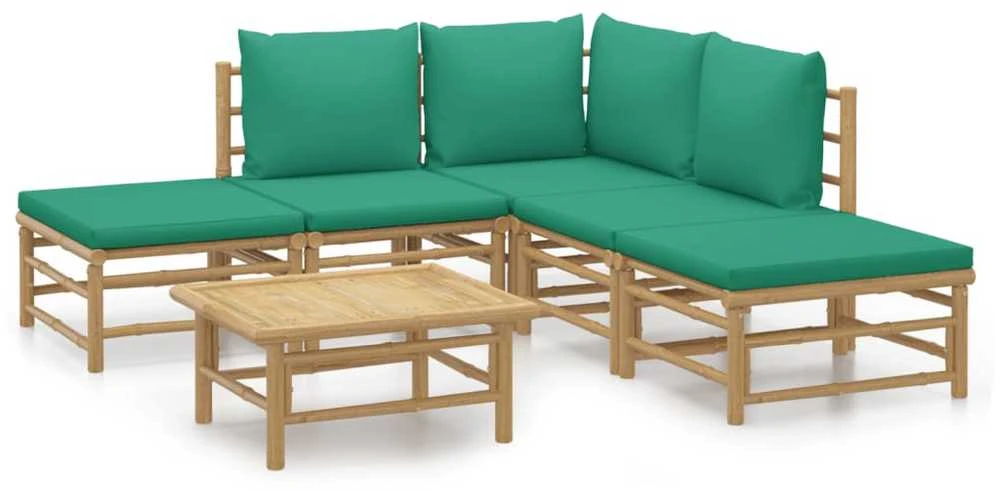 Lauko baldų komplektas Sodo komplektas su žaliomis pagalvėlėmis, 6 dalių, bambukas
