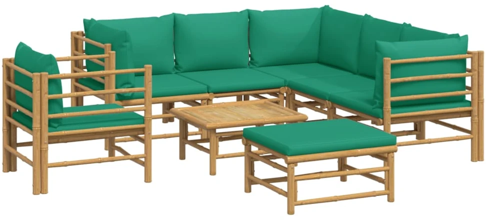 Lauko baldų komplektas Sodo komplektas su žaliomis pagalvėlėmis, 8 dalių, bambukas